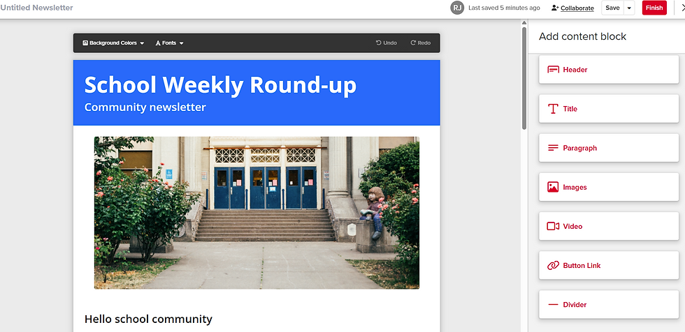 Blue header reads "School Weekly Round-up" on a newsletter. Image shows school entrance with blue doors, greenery, and statue of a child.