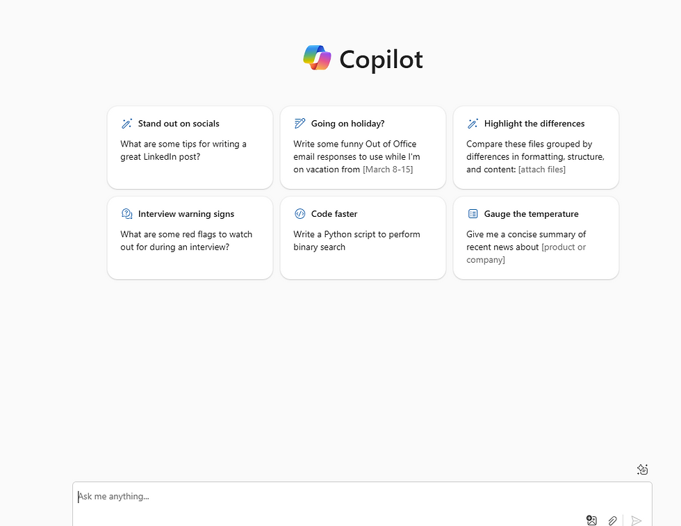 AI interface with six suggestion boxes on LinkedIn posts, vacation emails, file comparison, interview tips, Python scripts, and news summaries.