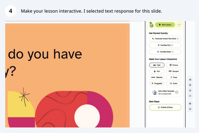 Slide with colorful abstract shapes and text "do you have" on orange background. Sidebar shows lesson options and "Start Lesson" button.