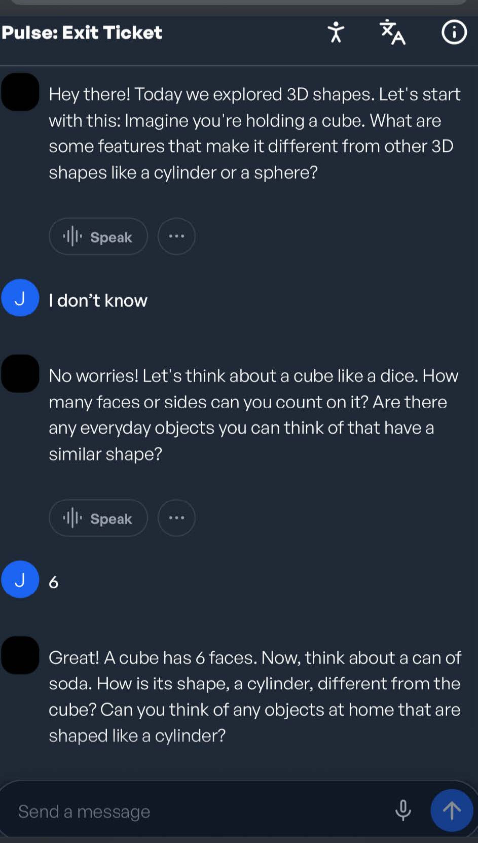 Text conversation about 3D shapes on a dark-themed app. Discusses cube and cylinder differences with examples. Includes speech option.
