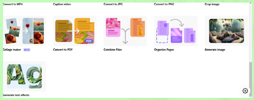 Icons of various file conversion tools and options, such as converting to PDF and image editing, are displayed on a white background.