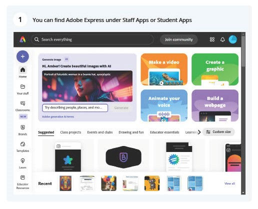 Adobe Express dashboard with colorful tiles for creating videos, graphics, and webpages. Text instructions above mention Staff or Student Apps.