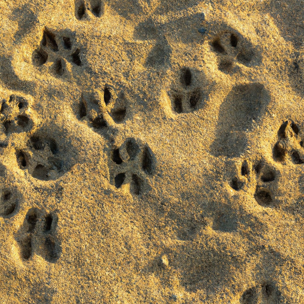 photo of lots of dog prints in the sand taken from a distance on a bright sunny day.jpg