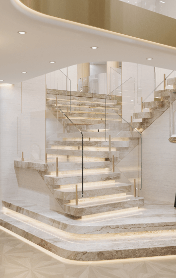 Elegant marble staircase with glass railings and white columns, Wind Royal SL.