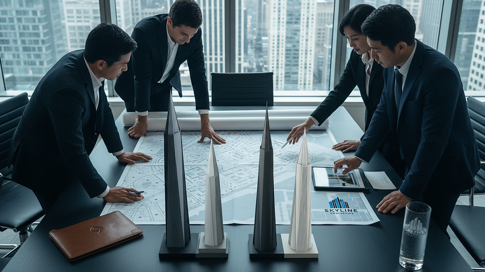 High angle view of a commercial real estate meeting with property plans