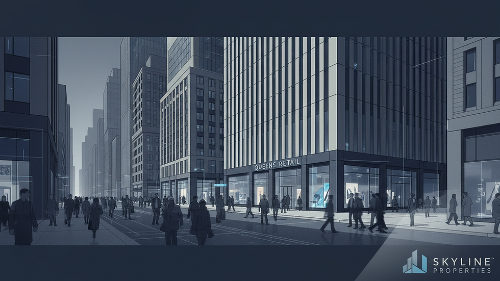 Eye-level view of a busy Queens retail street with storefronts and pedestrian traffic