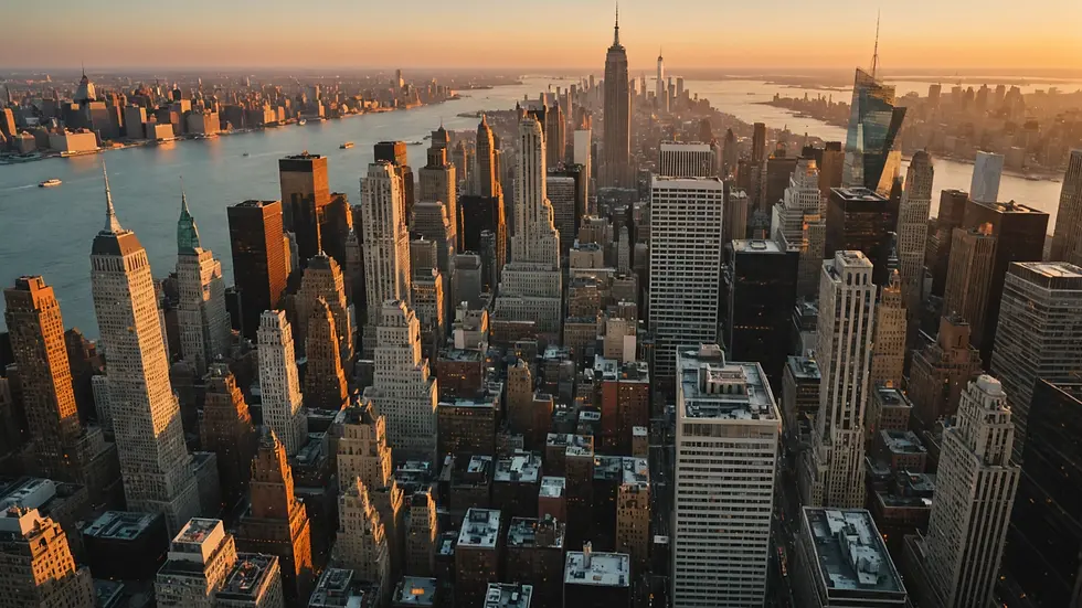 High angle view of Manhattan skyline during sunset