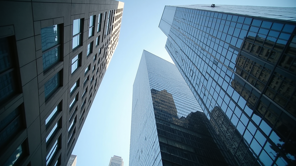 Close-up view of financial district skyscraper exterior