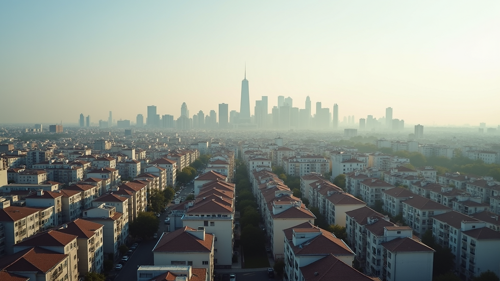 Wide angle view of a city skyline showcasing residential buildings