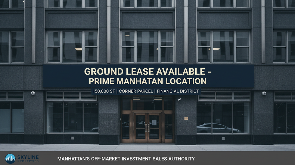 Eye-level view of Manhattan commercial building with ground lease signage