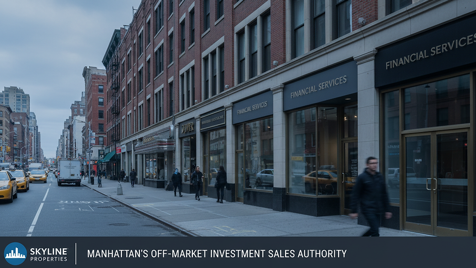 Eye-level view of retail storefronts along a busy Queens street