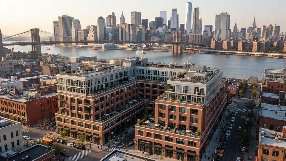 High angle view of a mixed-use commercial and residential building in Brooklyn