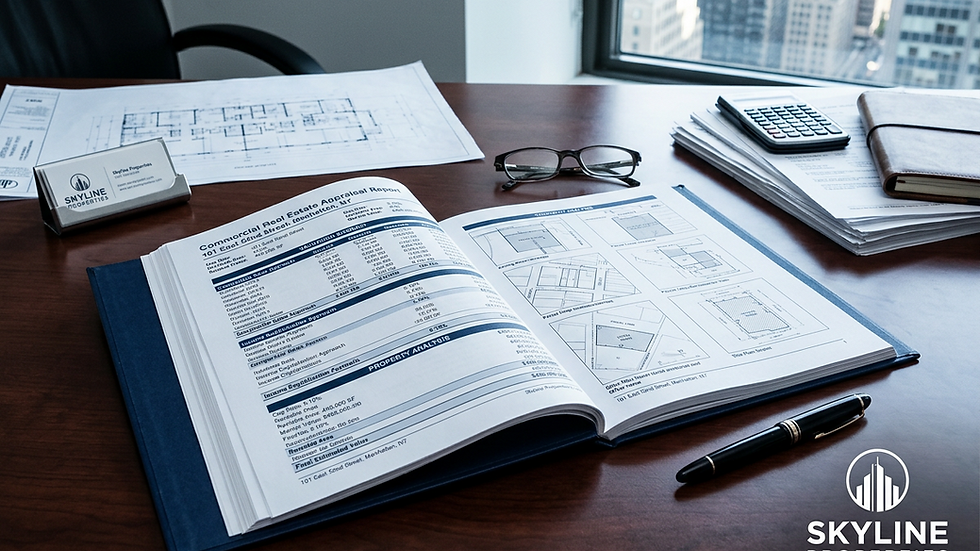 High angle view of a commercial real estate appraisal report on a desk