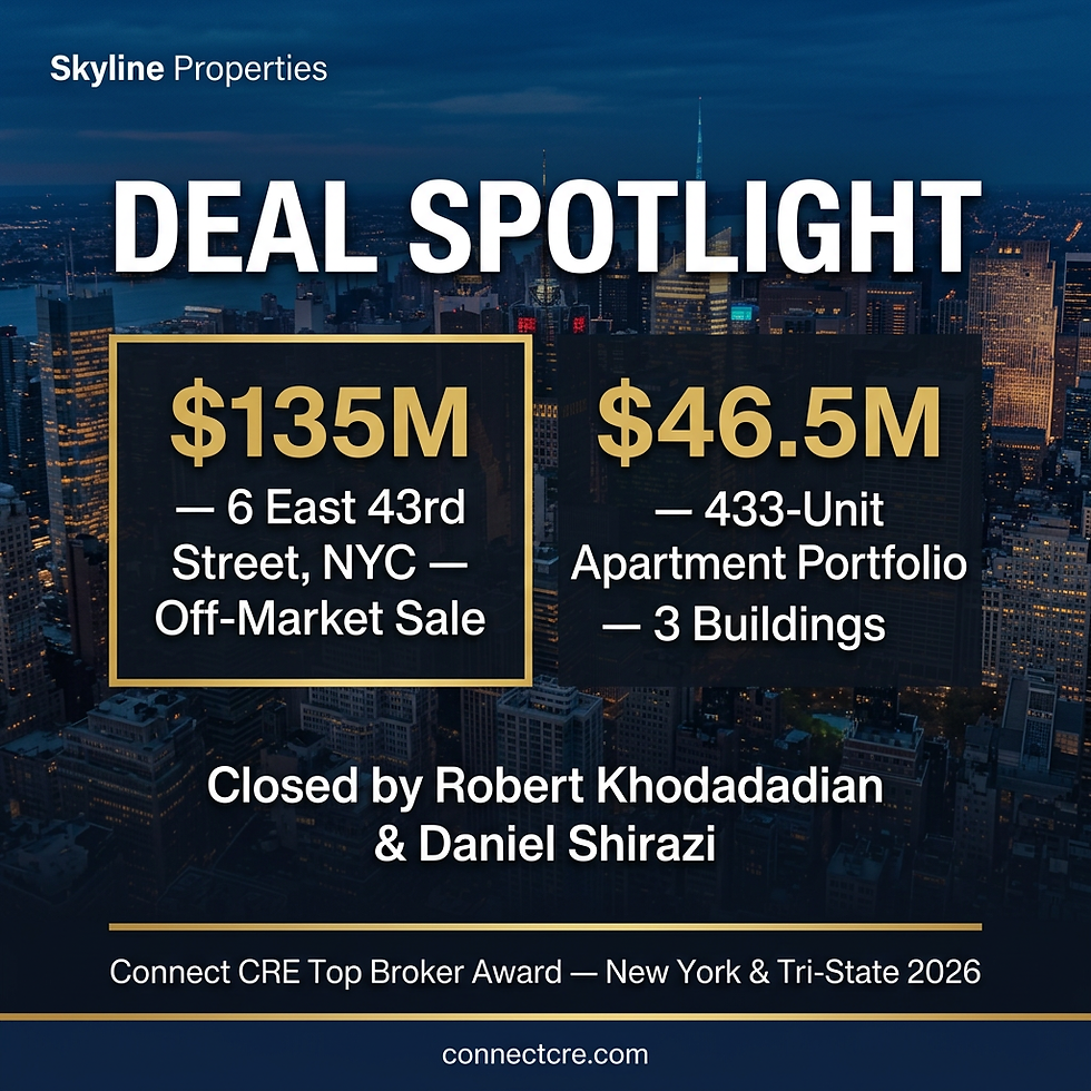 Robert Khodadadian and Daniel Shirazi as Connect CRE’s New York & Tri-State Top Broker Award winners for 2026. These awards recognize industry professionals who have demonstrated the highest standards and transaction volumes in investment sales and leasing.