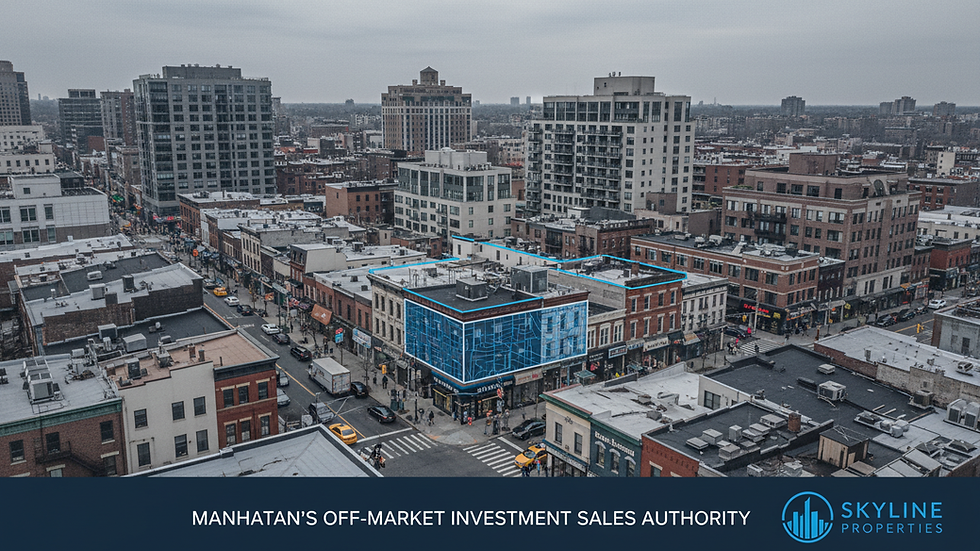 High angle view of Queens retail district with mixed-use buildings