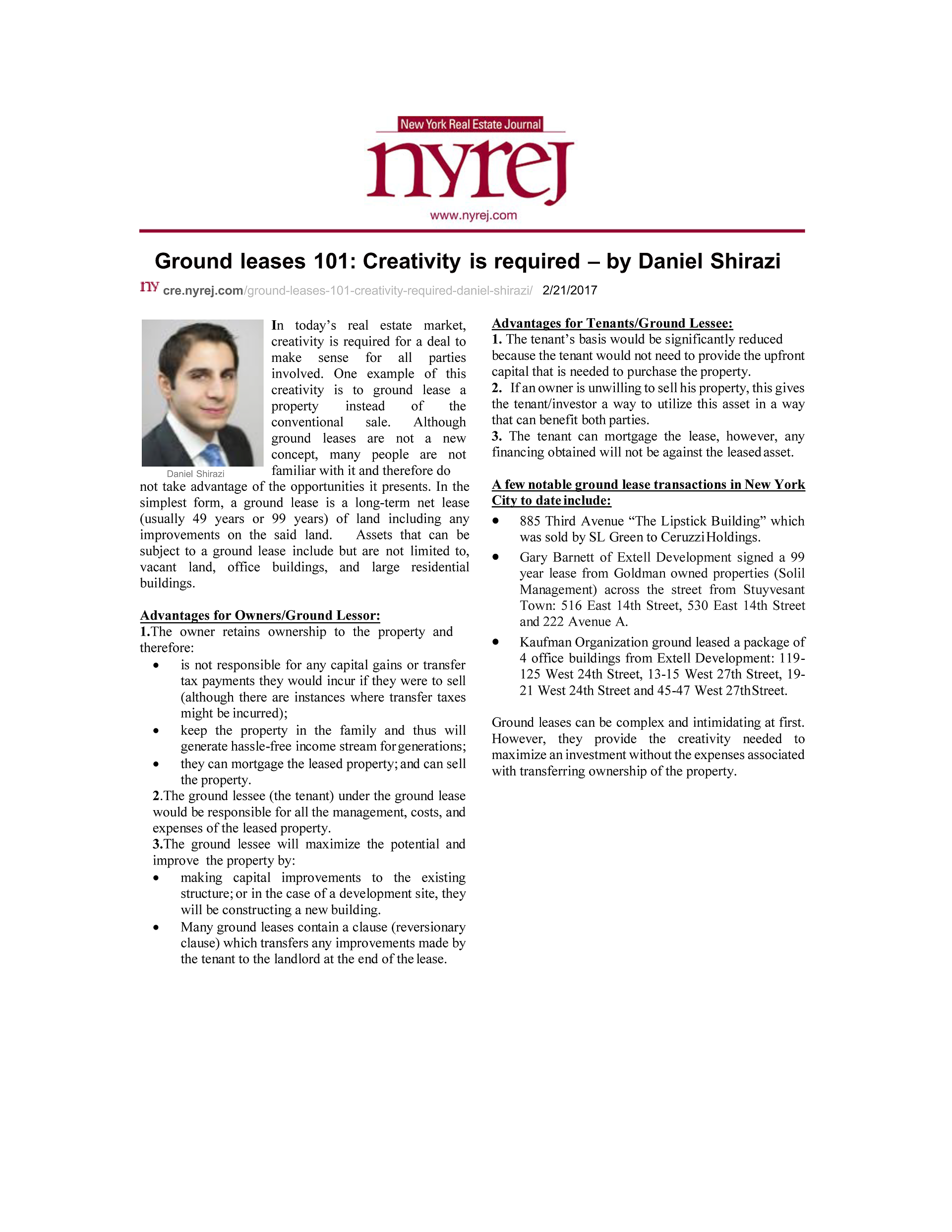 Ground leases for creating is required - for better breed, NYREJ article