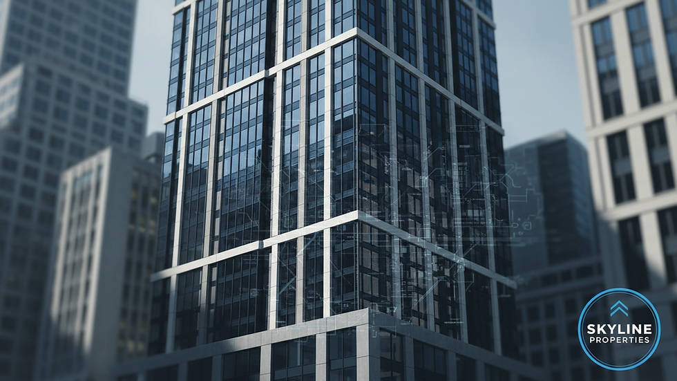 Eye-level view of a modern Manhattan office building