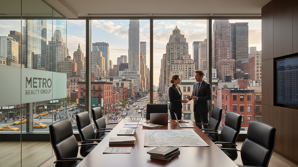Eye-level view of a commercial real estate brokerage office with cityscape in the background