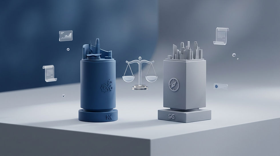 Hong Kong vs Singapore incorporation — 3D illustration of two cities balancing on scales