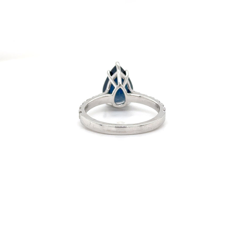 Thumbnail: 18k White Gold Pear Cut Blue Sapphire / Radiant Diamond Halo Ring For Her