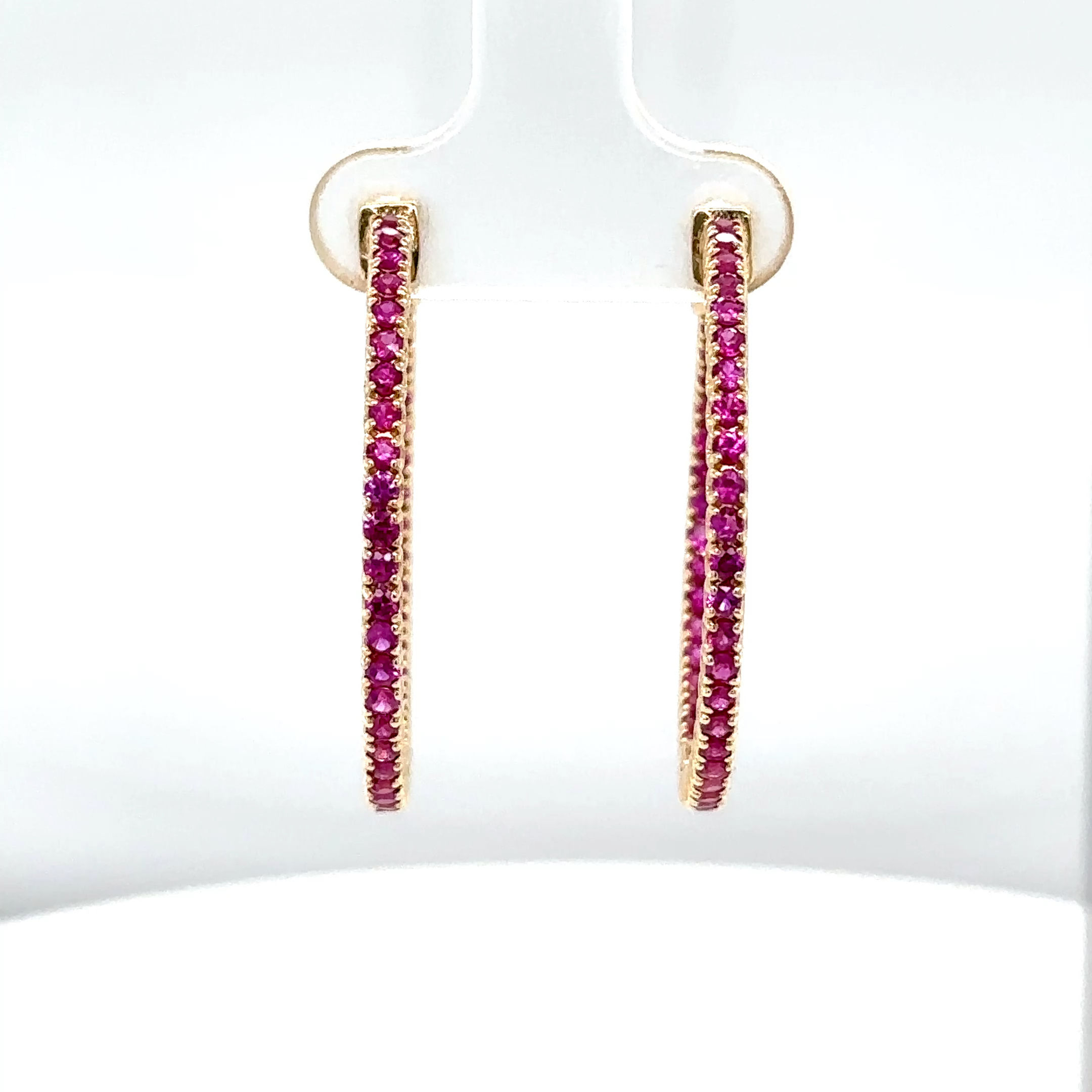 14K Yellow Gold Pink Sapphire Hoop Earrings / Inside-Out 1.87ctw/Romantic Gift