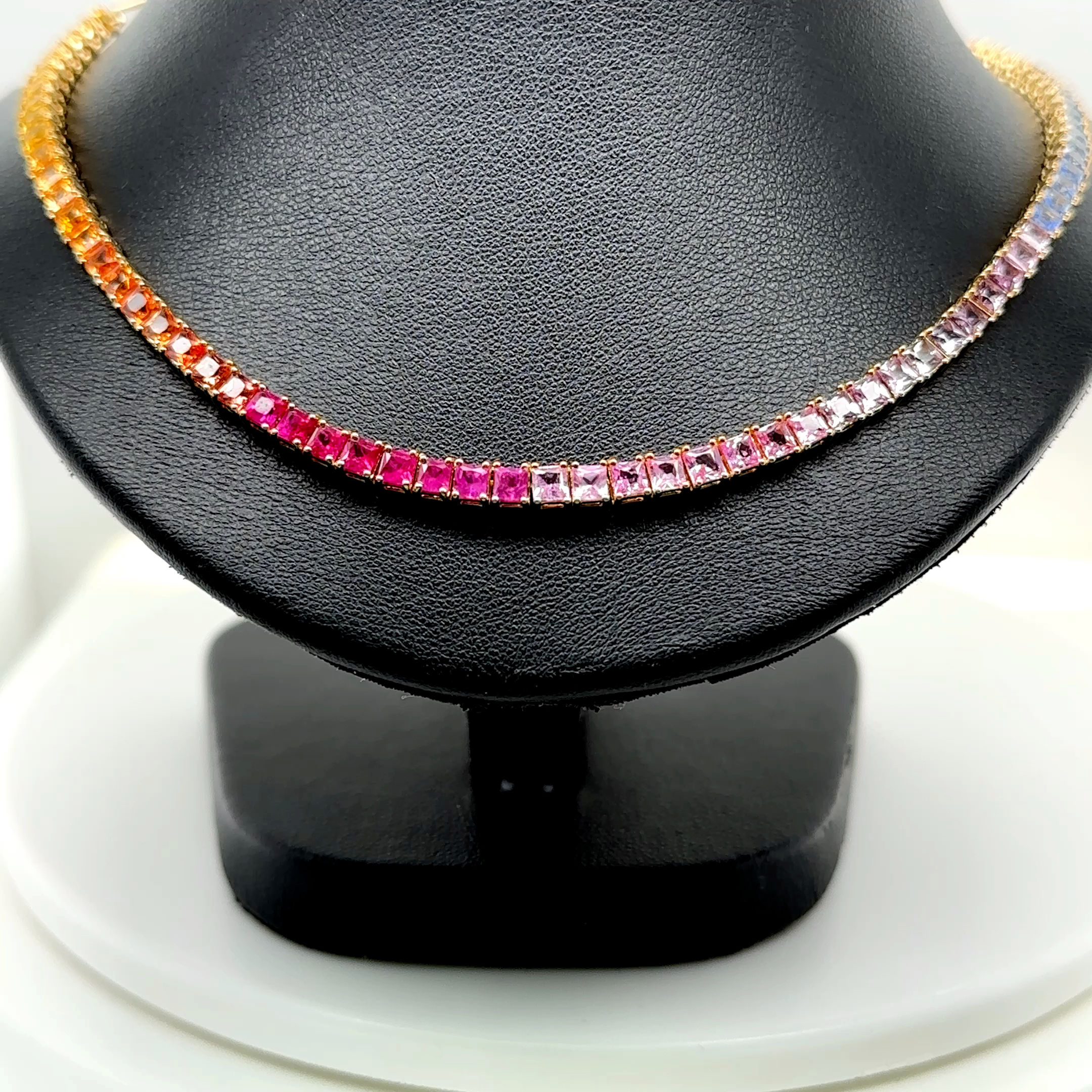 14K Yellow Gold Fancy Sapphire Paperclip Necklace / 4mm Square Tennis 14.10ctw
