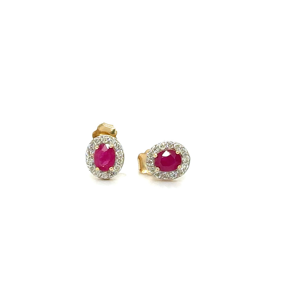 Thumbnail: 14K Yellow Gold Oval Ruby & Diamond Earring Timeless Romance / Regal Red