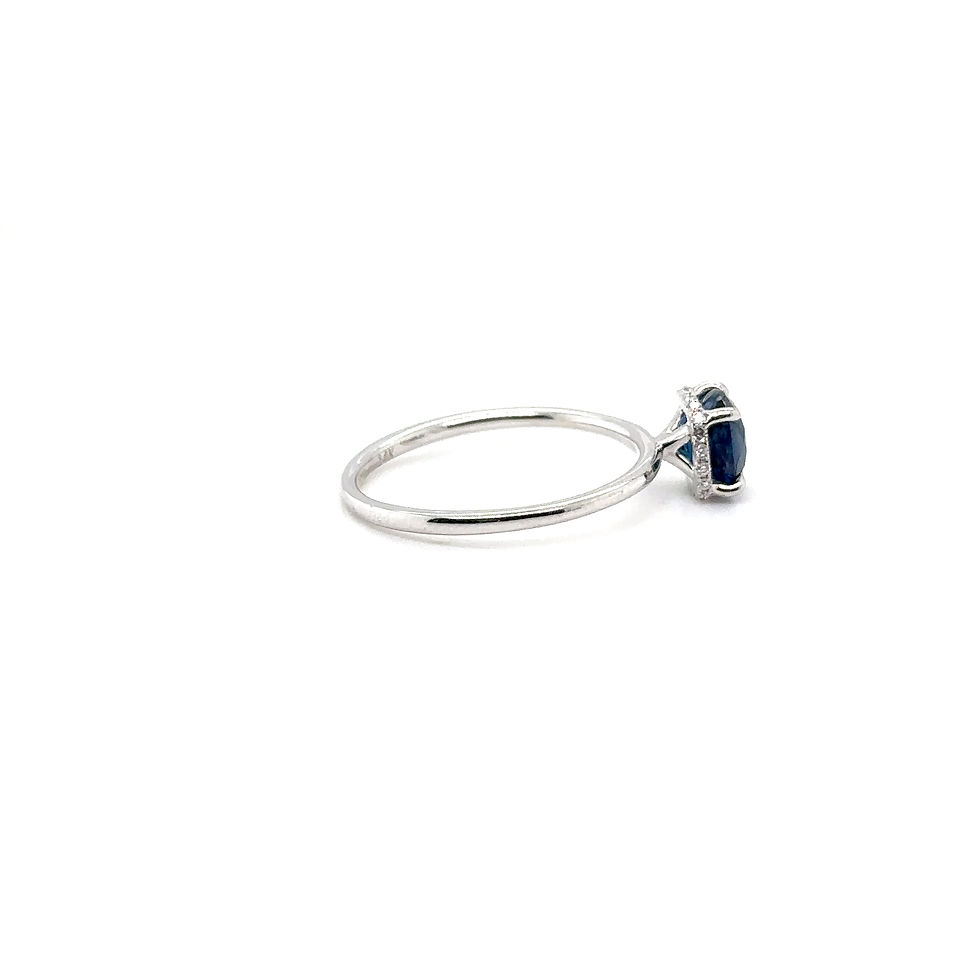 Thumbnail: 14k White Gold Oval Blue Sapphire / Petit Diamond Halo "Floating" Ring For Her