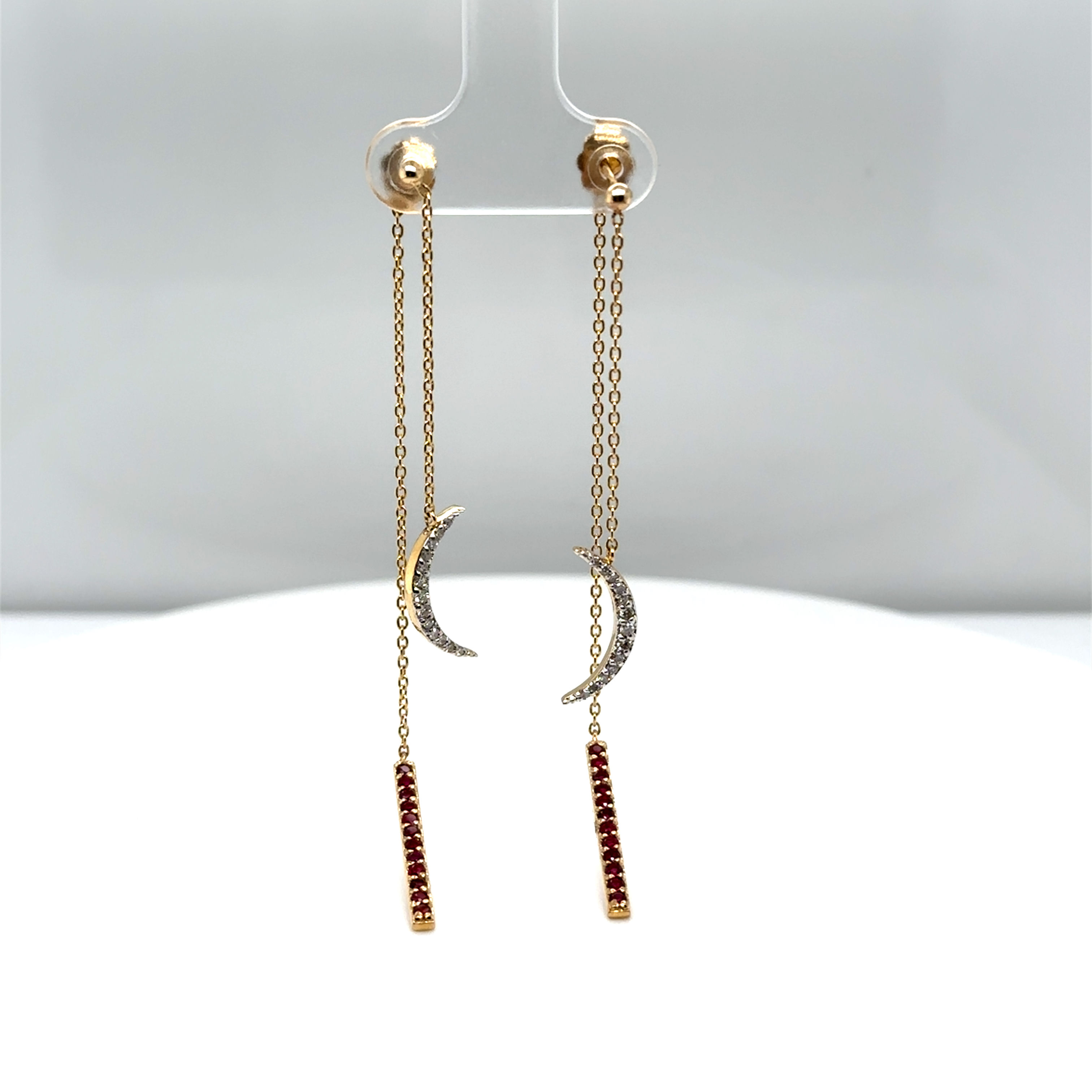 14K Yellow Gold Ruby Crescent Moon Earrings with Diamond Accents