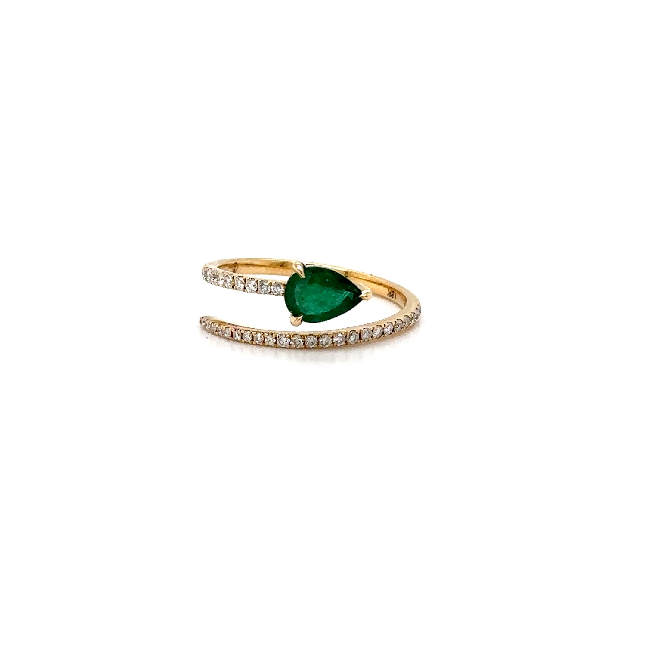 18k Yellow Gold Pear Emerald / Diamond Open Bypass Wrap Ring For Her