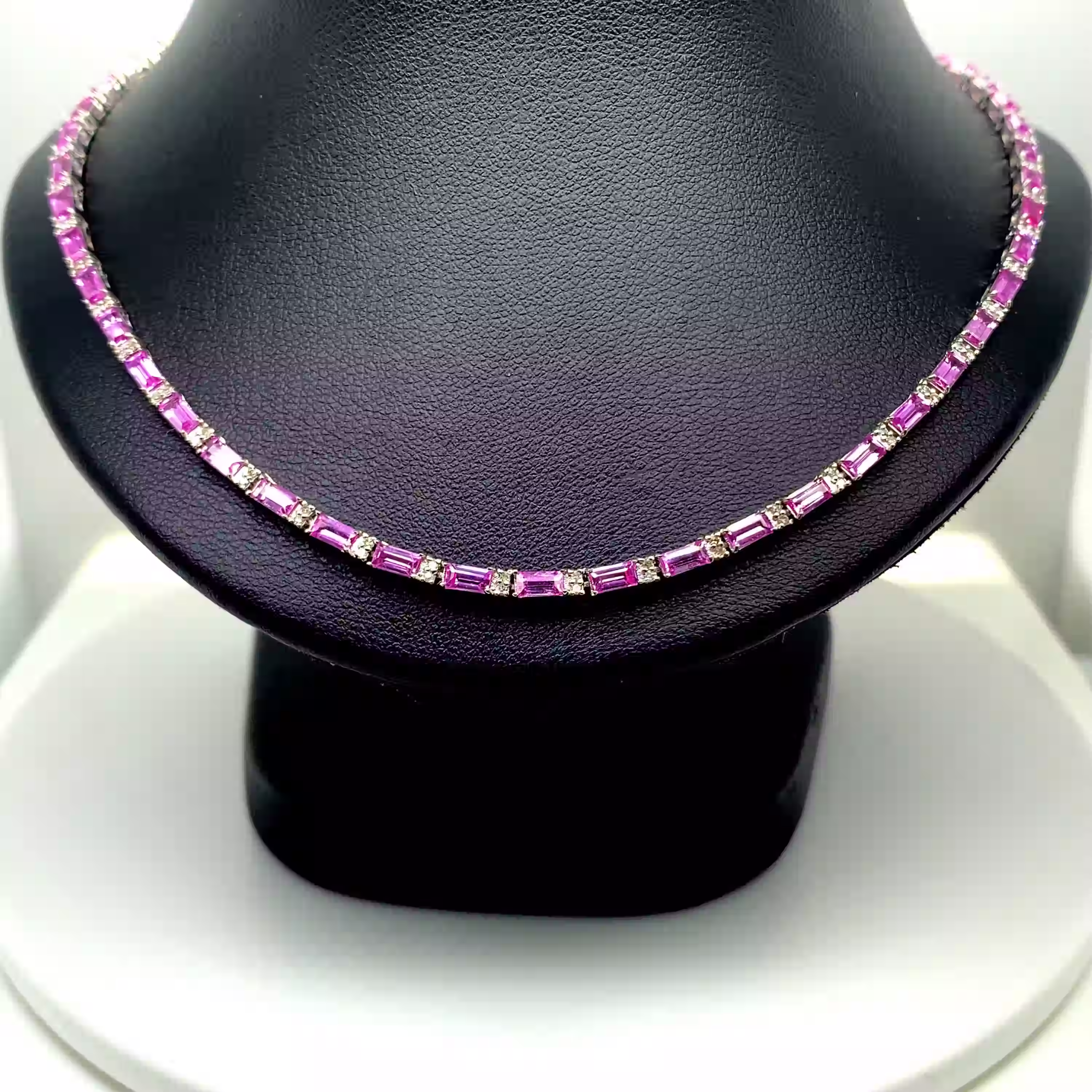 14K White Gold Pink Sapphire & Diamond Prong Necklace/Gift For Her
