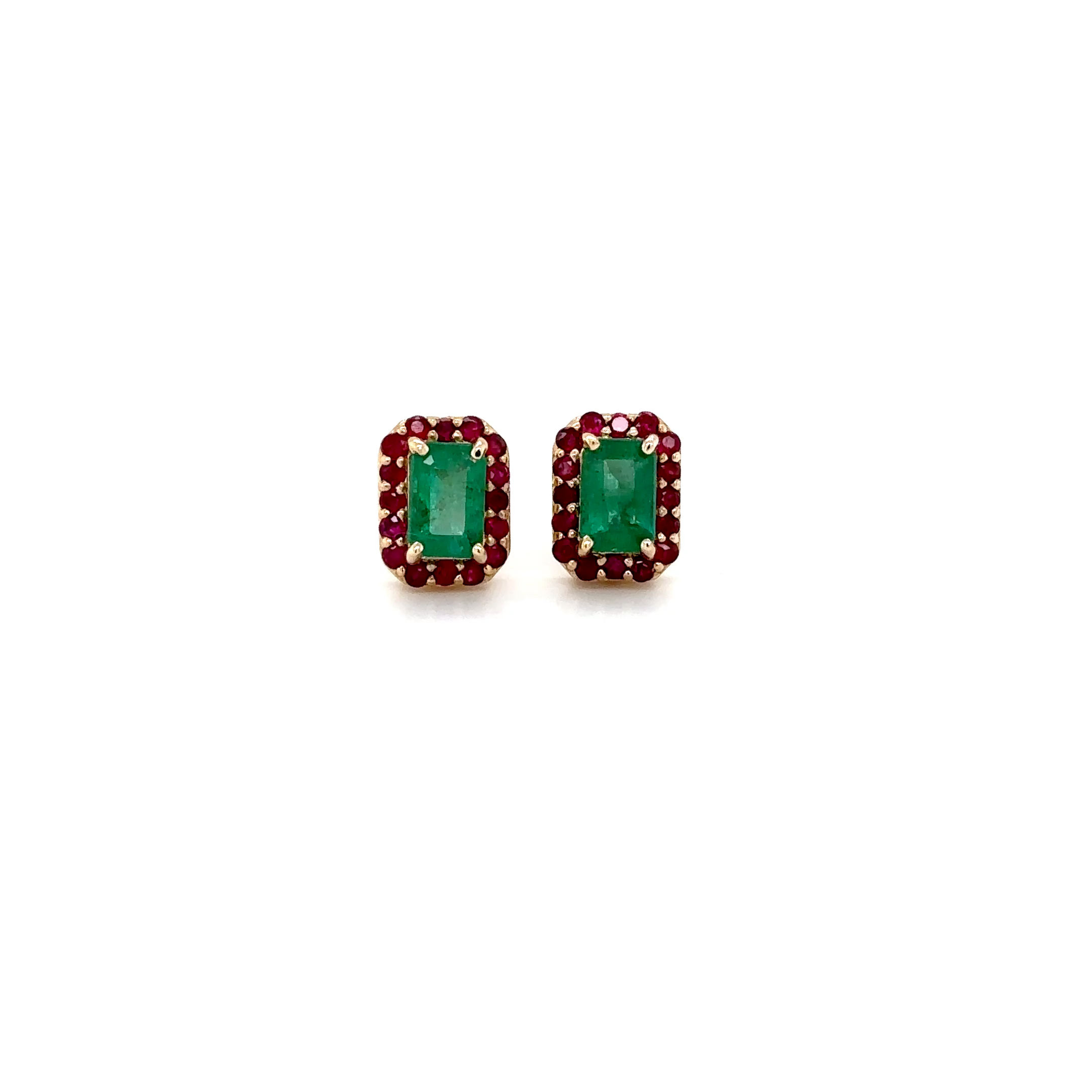 14K Yellow Gold Natural Emerald & Ruby Halo Stud Earrings/1.38ctw/May-July Gems