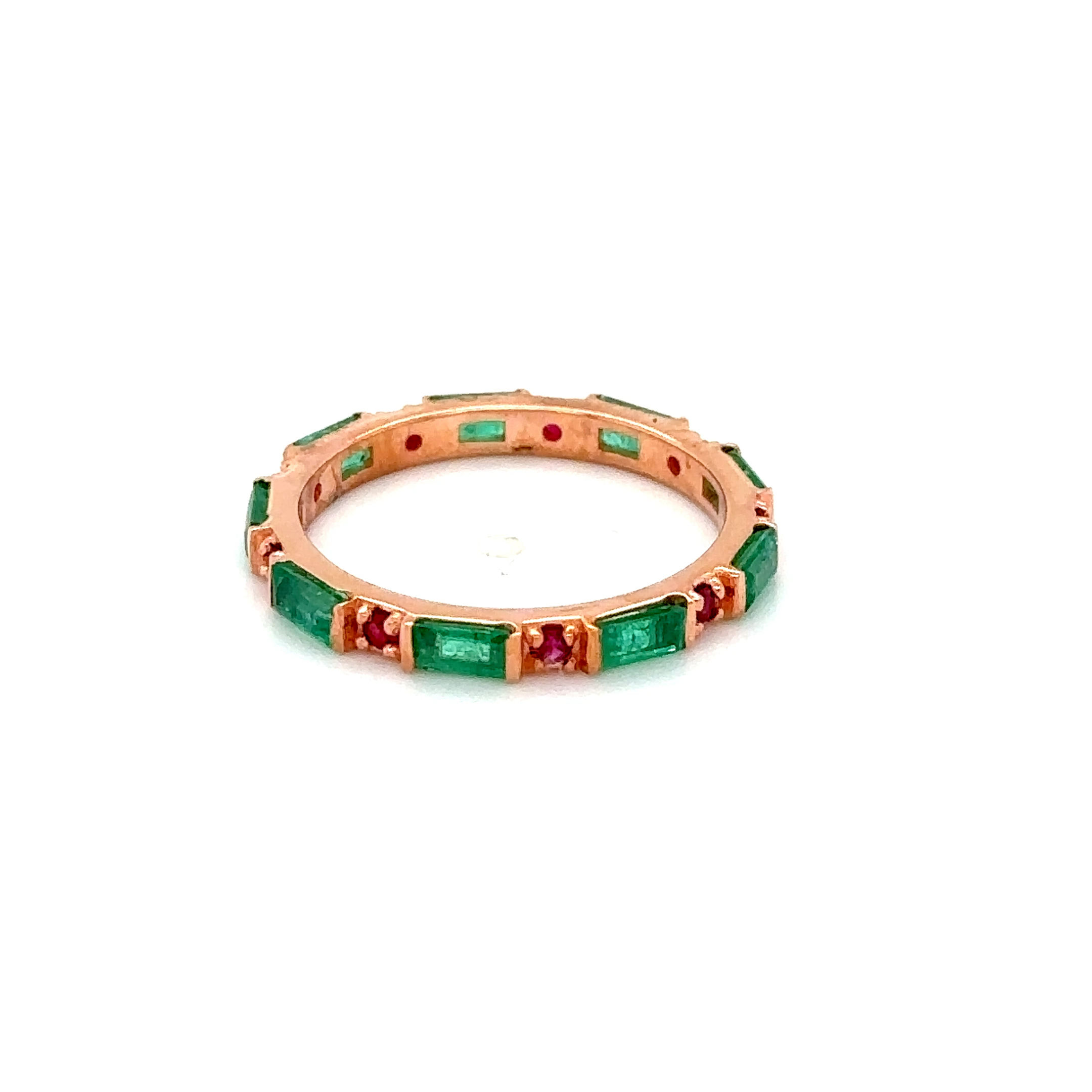 14K Rose Gold Eternity Band with Emerald Baguettes & Ruby Accents