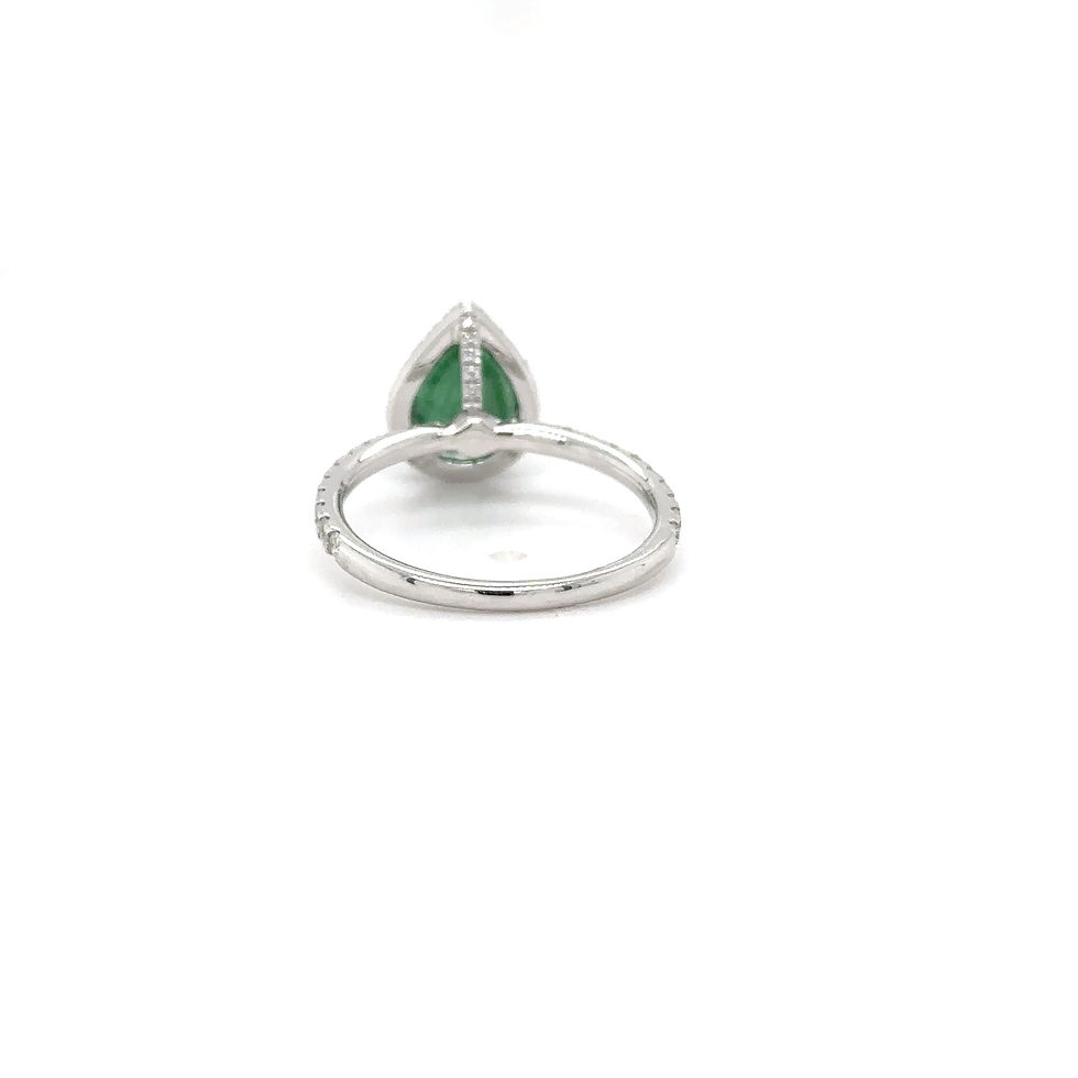 Thumbnail: 18k White Gold Pear Emerald / Diamond Art Deco Halo Ring For Her