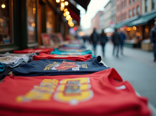 Custom t-shirts displayed at a Boston street market