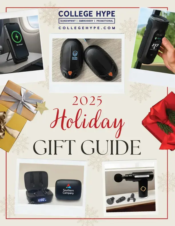 2025 Holiday Gift Guide featuring tech gadgets like chargers and massagers, set on a festive background with gifts and ribbons.