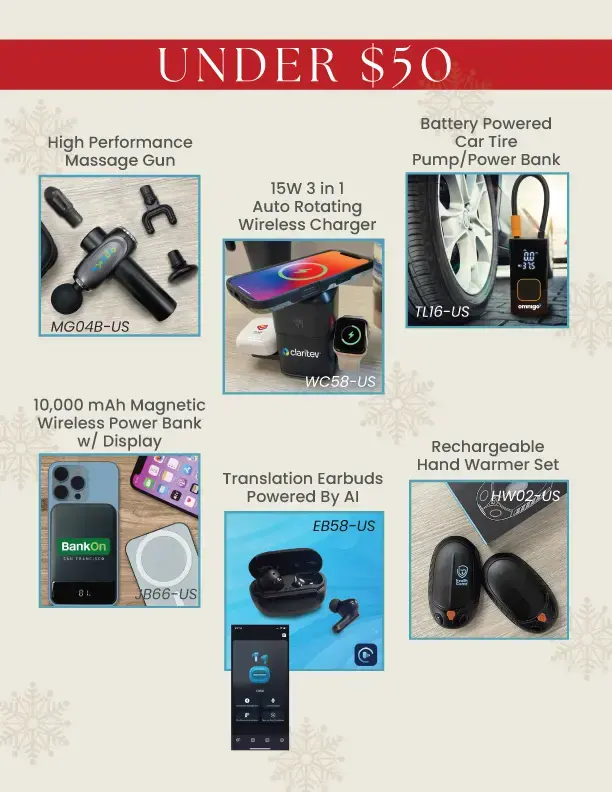 Gift guide image titled "UNDER $50" featuring massage gun, wireless charger, tire pump, power bank, AI earbuds, and hand warmer set on snowy backdrop.