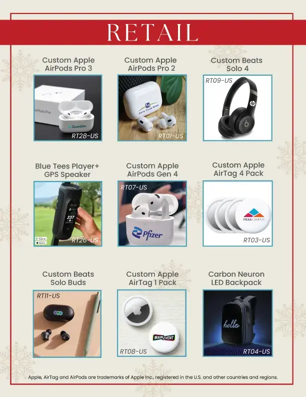 Retail catalog displaying custom Apple AirPods, Beats headphones, GPS speaker, and LED backpack. Each item is labeled with a code.