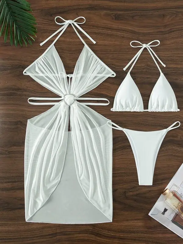 Miniature : Ensemble de bikinis : Soutien-gorge triangle, string, Robe Couvrante avec anneau