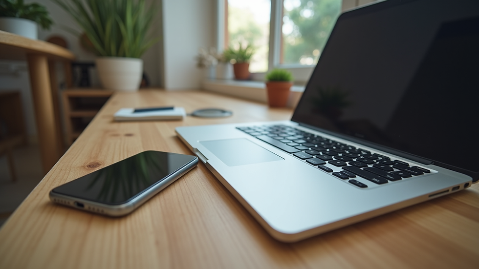 Eye-level view of a laptop and smartphone on a wooden desk