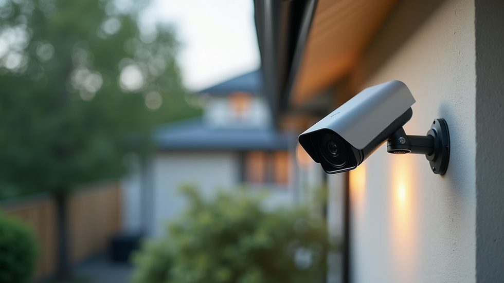 High angle view of a smart security camera installed on a home exterior