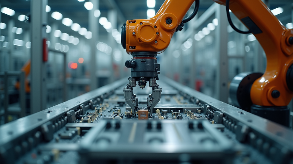 Eye-level view of a robotic arm assembling components on a production line