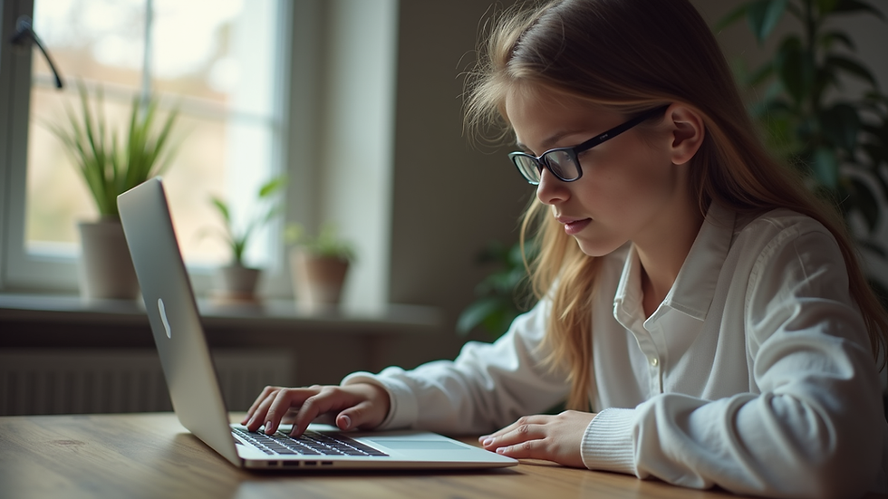 Eye-level view of a student studying with a laptop at home