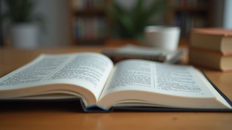 Eye-level view of a beginner's English textbook open on a wooden desk