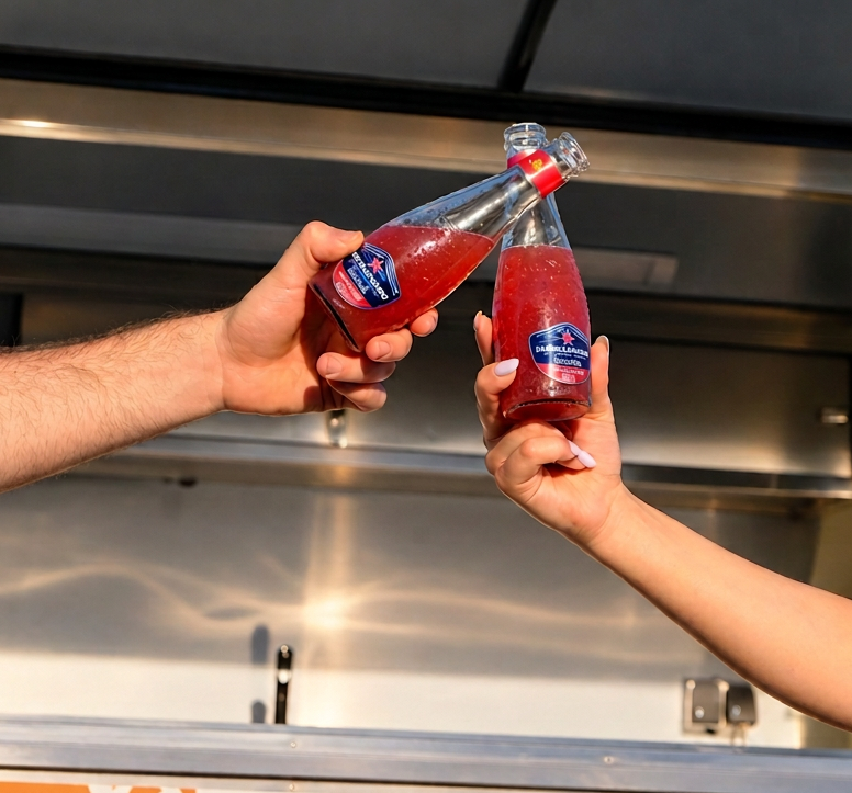 Product photography of two individuals clinking red beverage bottles in front of a food truck. The scene suggests a celebratory outdoor dining experience.