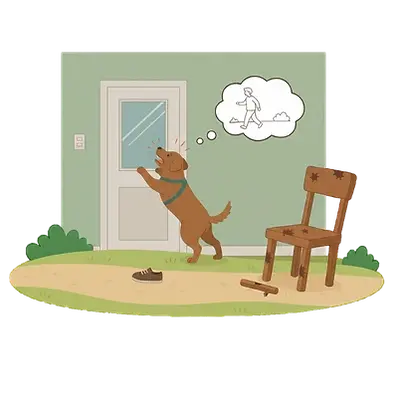 Trennungsangst: Grafik eines Hundes, der alleine zu Hause vor der Tür jault und eine Gedankenblase mit seinem weggehenden Herrchen hat; ein umgeworfener Stuhl deutet Stress an.