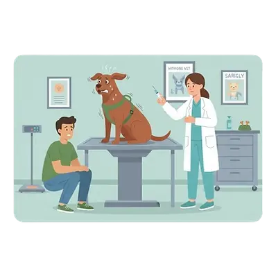 Angst vor Tierarzt: Ein zitternder Hund auf einem Untersuchungstisch in einer Tierarztpraxis, der ängstlich versucht, der Situation zu entkommen.