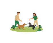 Darstellung von zwei Menschen und Hunden beim spielen