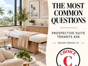 Bright private wellness office suite in Delray Beach with the text “The Most Common Questions Prospective Suite Tenants Ask” and the Choice Wellness Suites logo.