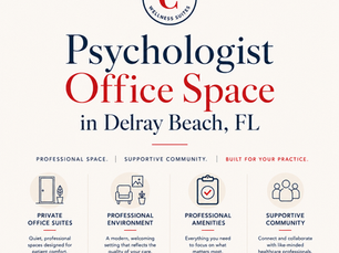 Minimalist graphic promoting psychologist office space in Delray Beach, FL at Choice Wellness Suites, highlighting private office suites, a professional environment, professional amenities, and a collaborative healthcare community for independent mental health professionals.